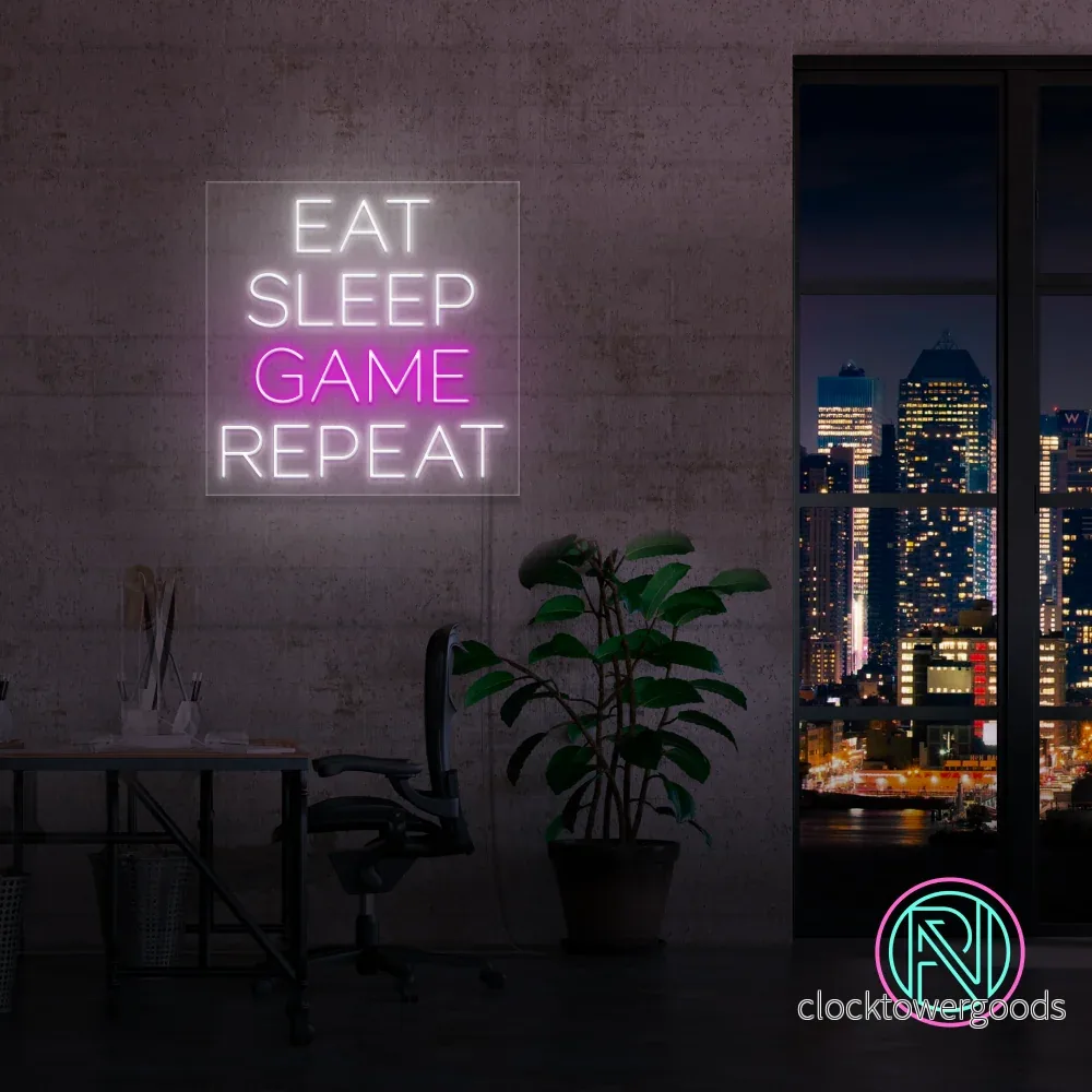 ”EAT SLEEP GAME REPEAT” Led neonskylt. Pink. ”EAT SLEEP GAME REPEAT” Led neonskylt. Pink.