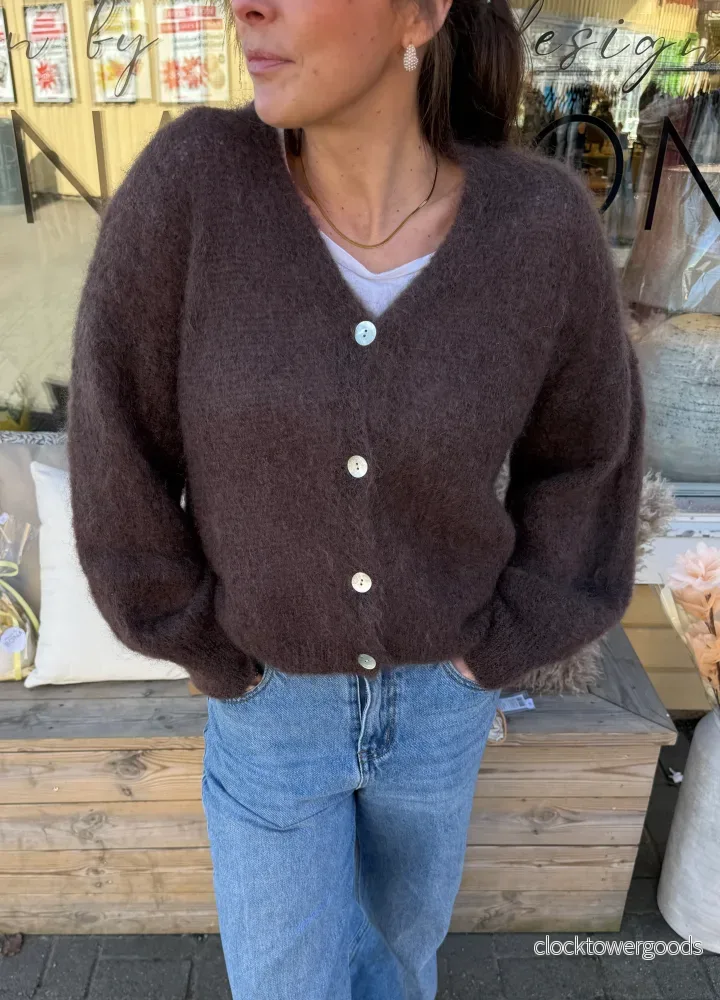 Mohair 80% Kofta med knappar, Brun