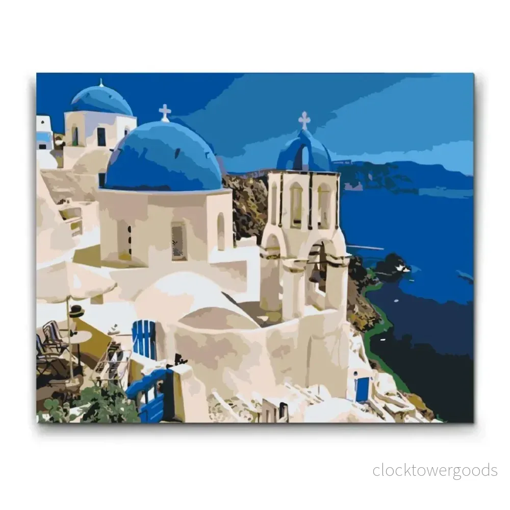 SANTORINI MED BLÅ KUPOLER