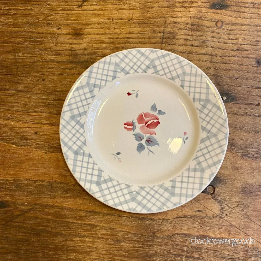 Vintage Digoin Sarreguemines “Maurice” Dessert Plate – Floral & Blue Check Vintage Digoin Sarreguemines “Maurice” Dessert Plate – Floral & Blue Check