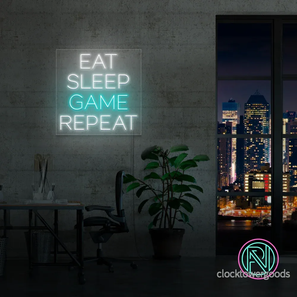 ”EAT SLEEP GAME REPEAT” Led neonskylt. Sky blue. ”EAT SLEEP GAME REPEAT” Led neonskylt. Sky blue.