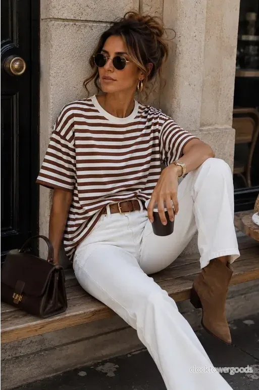 Oversized Randig T-shirt – - Brun/vit - Bild 3