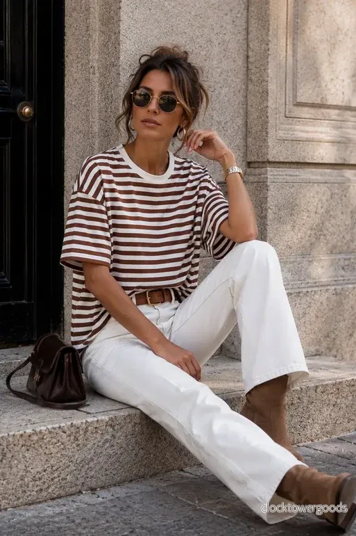 Oversized Randig T-shirt – - Brun/vit - Bild 2