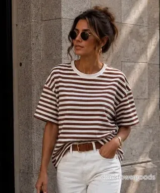 Oversized Randig T-shirt – - Brun/vit