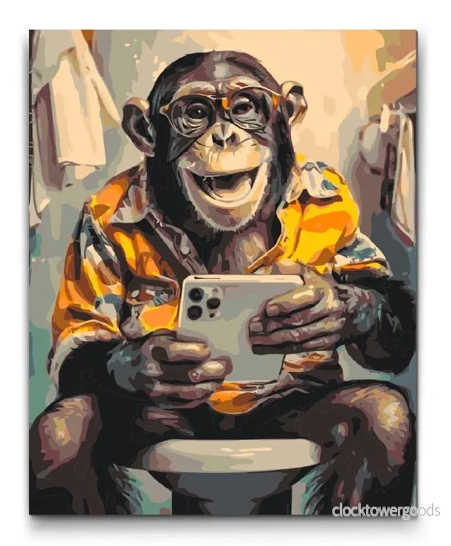SELFIE-APA PÅ TOALETTEN – HUMORISTISK BADRUMSTAVLA SELFIE-APA PÅ TOALETTEN – HUMORISTISK BADRUMSTAVLA